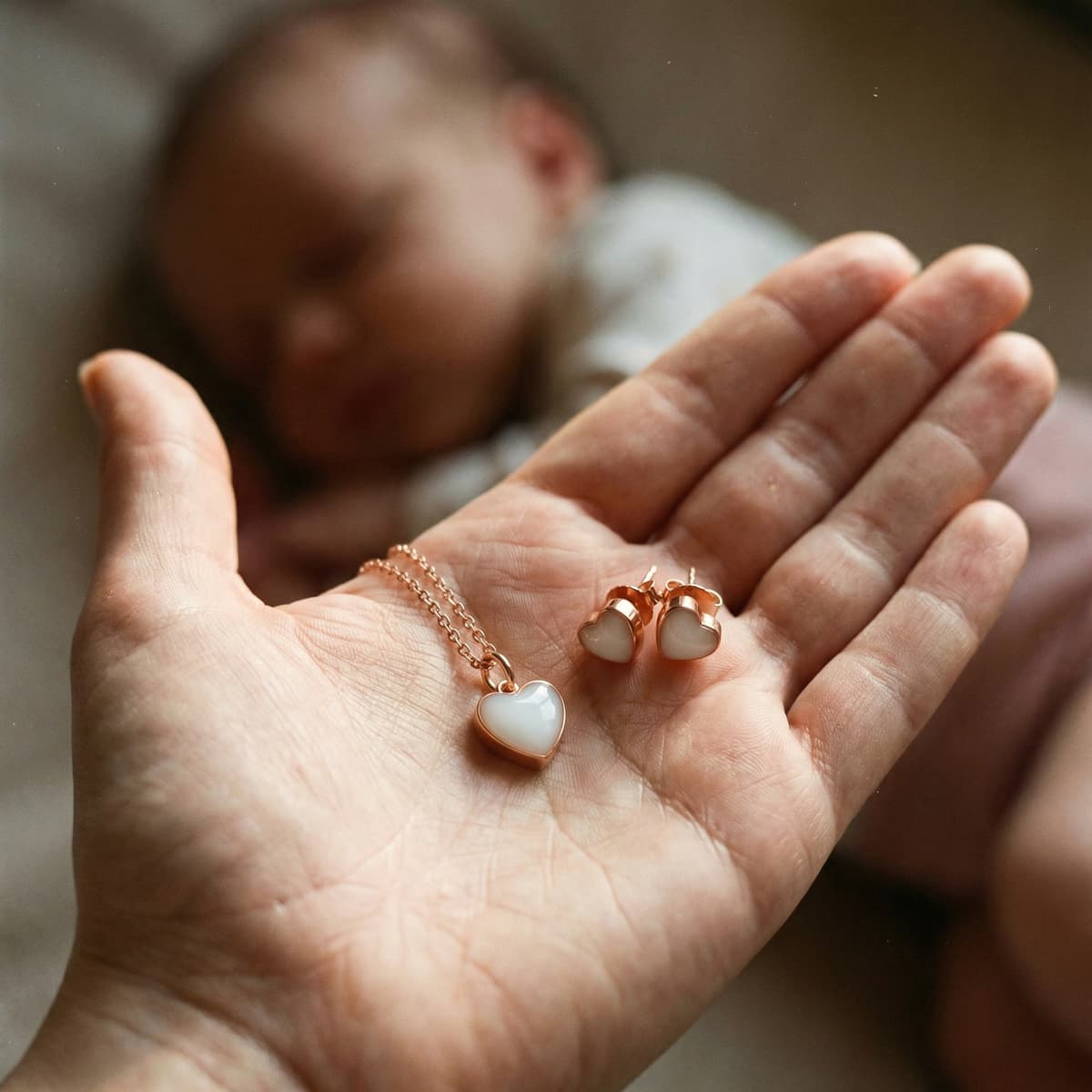 Rose gold heart necklace and matching stud earrings with creamy white resin hearts resting on an open palm, a delicate nursing keepsake, with a softly blurred baby in the background.