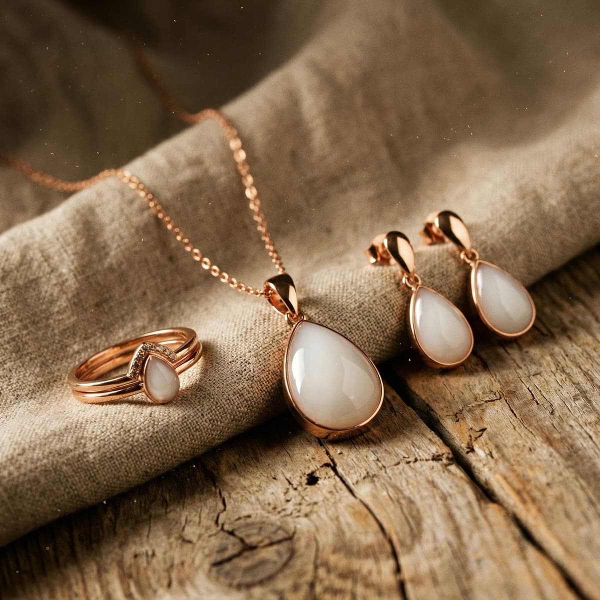 Rose gold teardrop jewelry set with a milky white resin stone—pendant necklace, matching earrings, and ring—styled on linen and rustic wood, ideal as a nursing keepsake.
