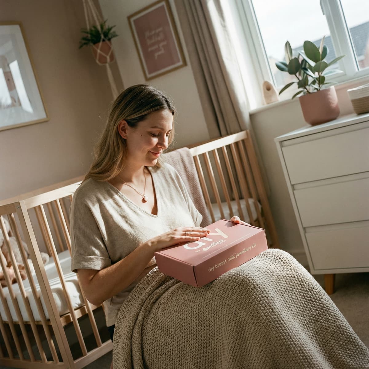 Mom in a cozy nursery holding a DIY by MILKIES breast milk jewelry kit box, showing why an at-home nursing keepsake is a simple, private way to create meaningful jewelry.
