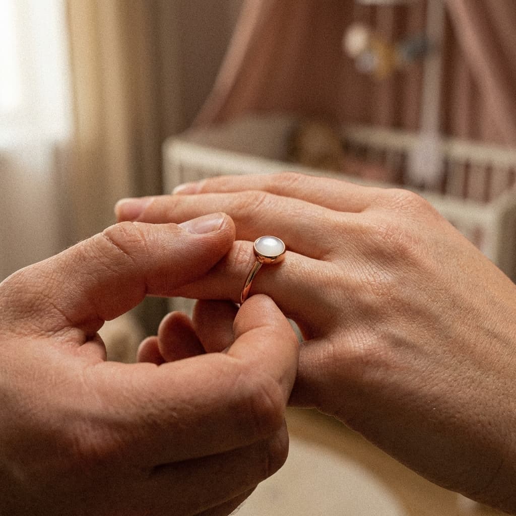 Hands place a delicate gold ring with a milky-white stone on a mother’s finger in a nursery, a meaningful push gift keepsake jewelry moment