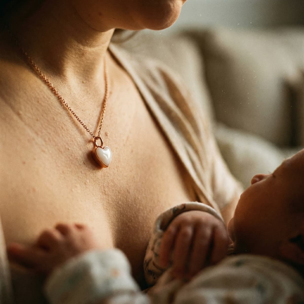 Mother cradling newborn while wearing a gold heart pendant necklace, a meaningful push present for wife keepsake celebrating new motherhood.