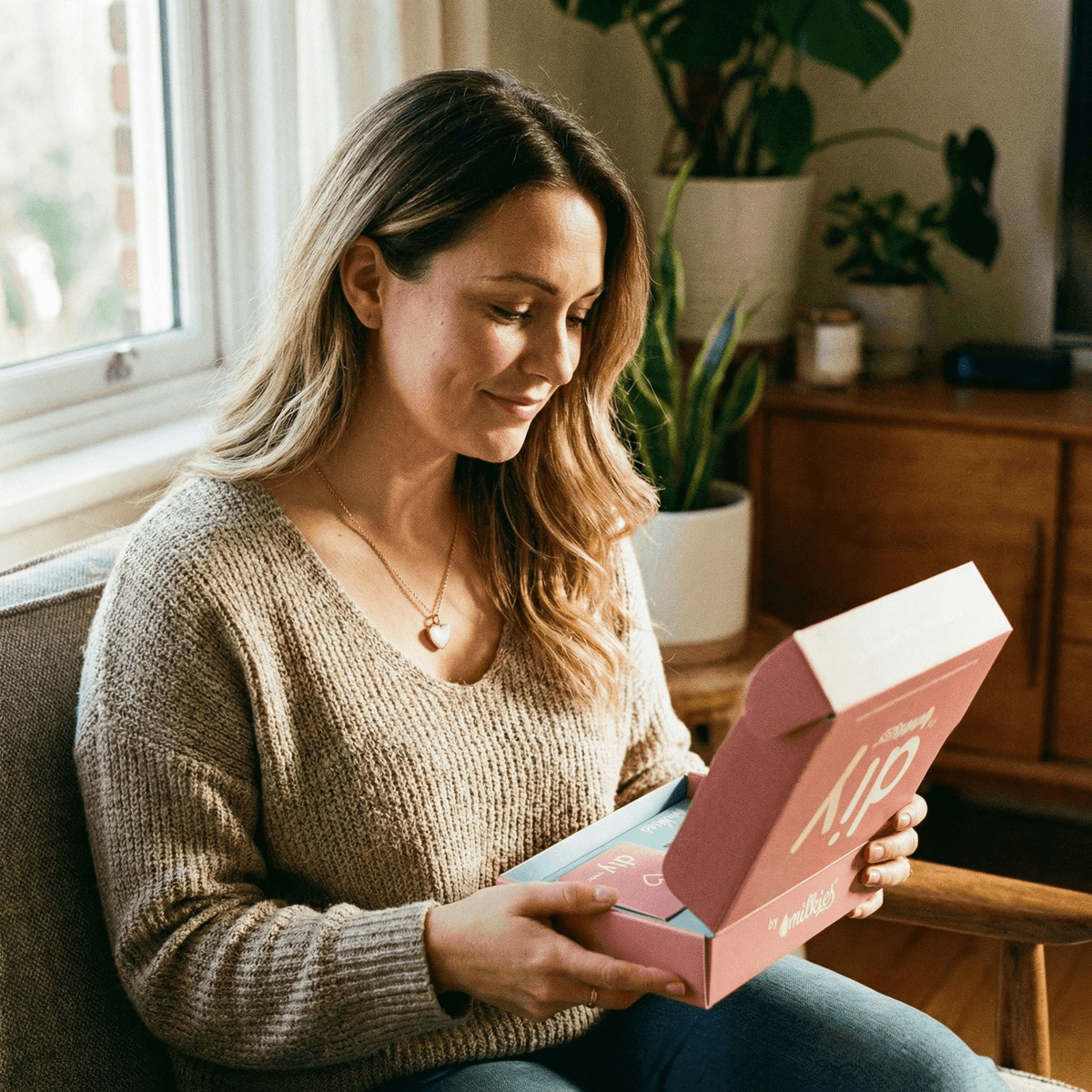 Mom unboxing a pink DIY by MILKIES breastmilk keepsake jewelry kit at home, showing why it’s a meaningful push present for wife with a private, hands-on way to create a personalized necklace, ring, or earrings