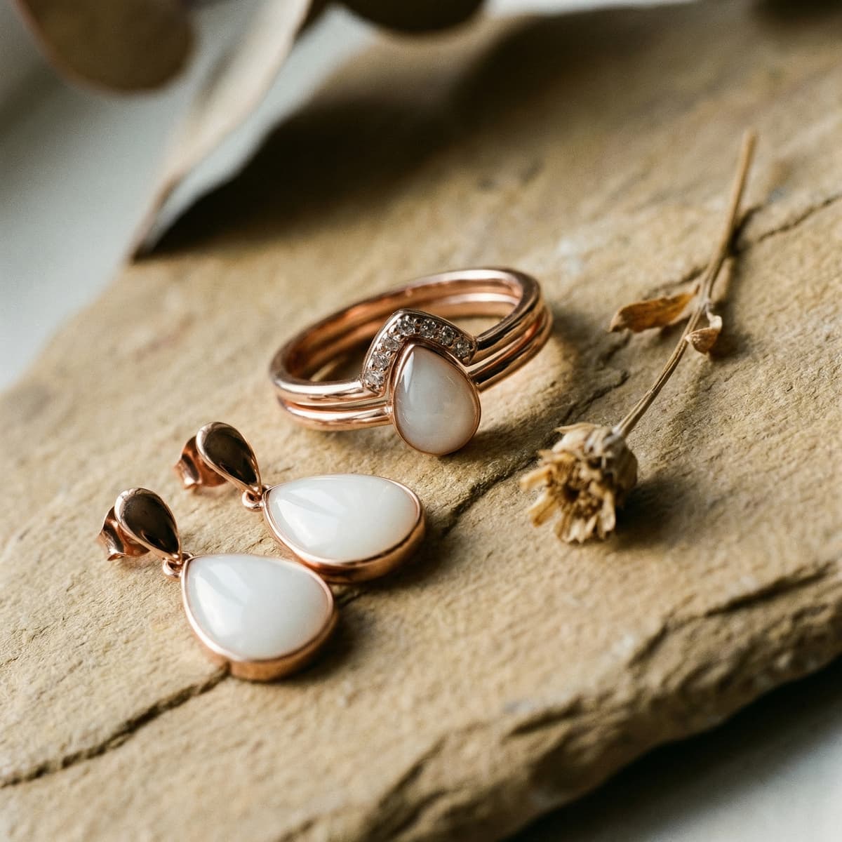 Elegant push present ideas featuring a rose-gold ring and matching teardrop breastmilk stone earrings displayed on a neutral stone surface with dried flowers