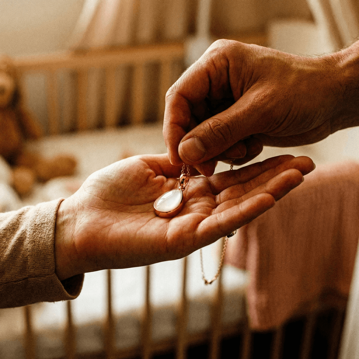 Romantic push present ideas scene showing a partner placing a gold teardrop pendant necklace with a milky white stone into a new mother’s open hand in a cozy bedroom.