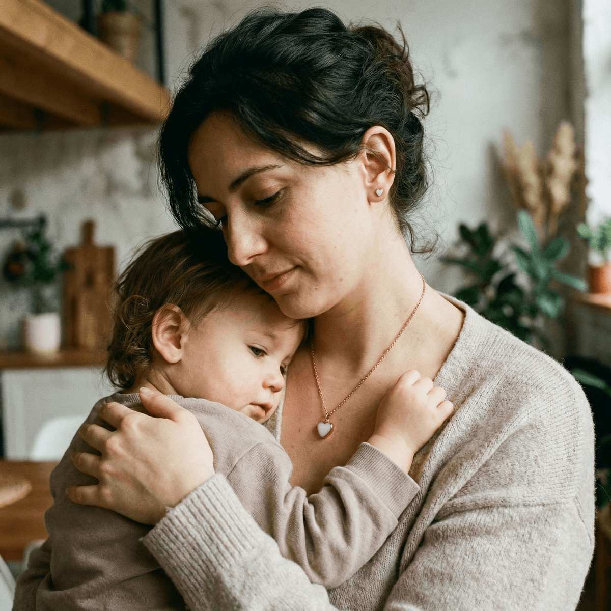 Mother cuddles a sleepy toddler at home, showing tender emotions of stopping breastfeeding while wearing a heart-shaped breastmilk keepsake necklace.