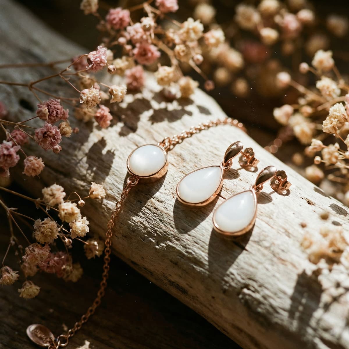 Rose gold necklace and matching teardrop earrings with milky white resin breastmilk stones on a rustic wooden surface with dried flowers, a keepsake jewelry set to commemorate stopping breastfeeding.