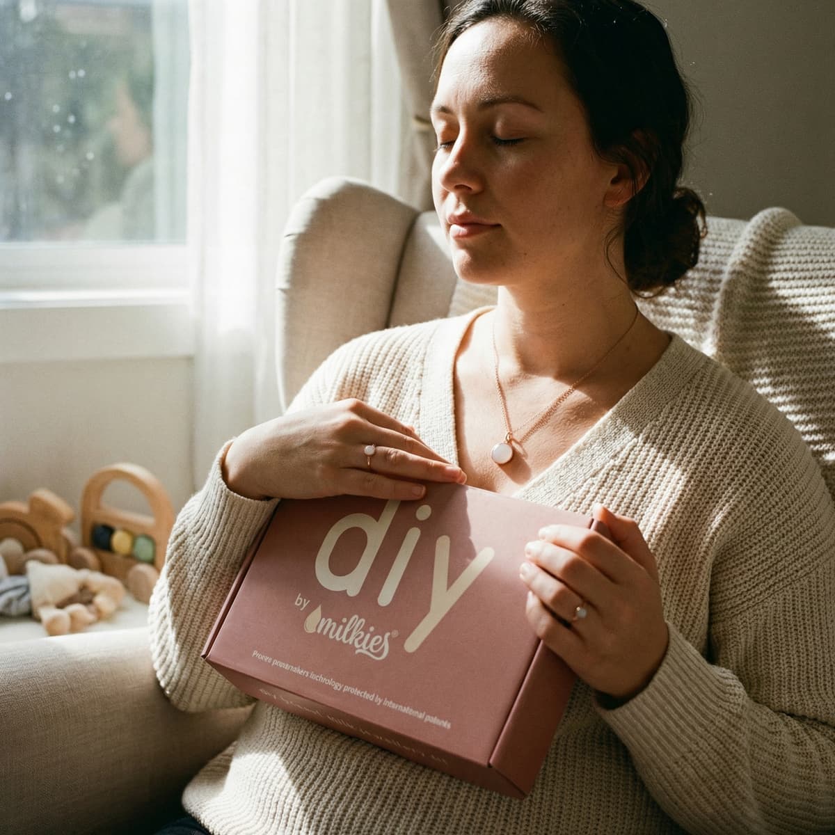 Mother relaxing in a cozy nursery holding a pink DIY by MILKIES breastmilk keepsake kit box, showing why this at-home jewelry kit makes meaningful unique push presents for new moms.