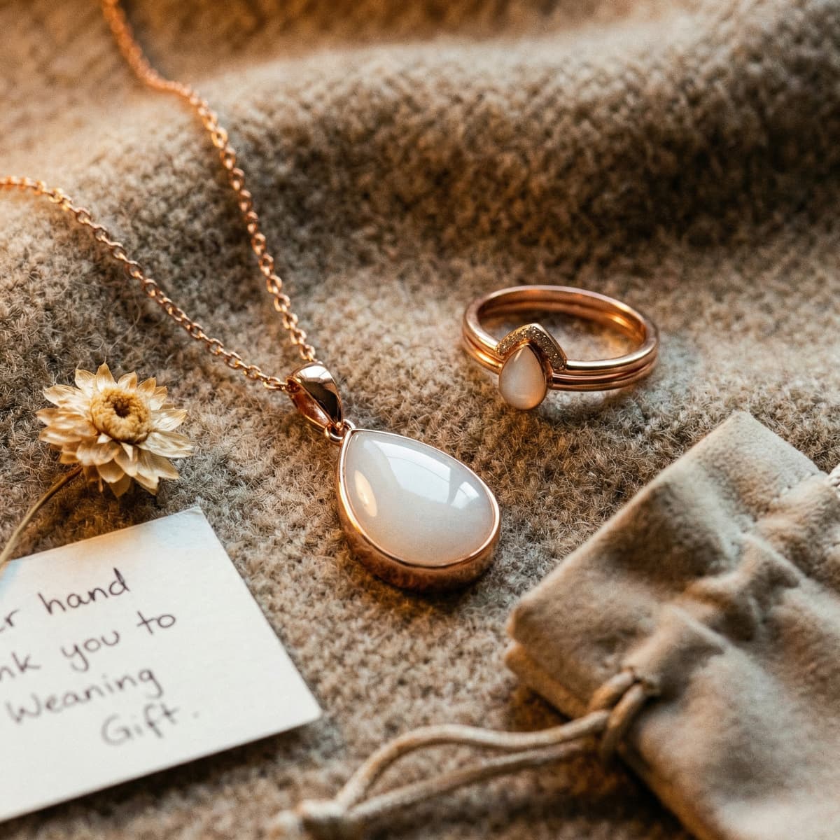 Rose-gold breastmilk teardrop pendant necklace and matching ring on a cozy knit blanket with dried flower, handwritten note, and jewelry pouch, a delicate weaning gift keepsake set.