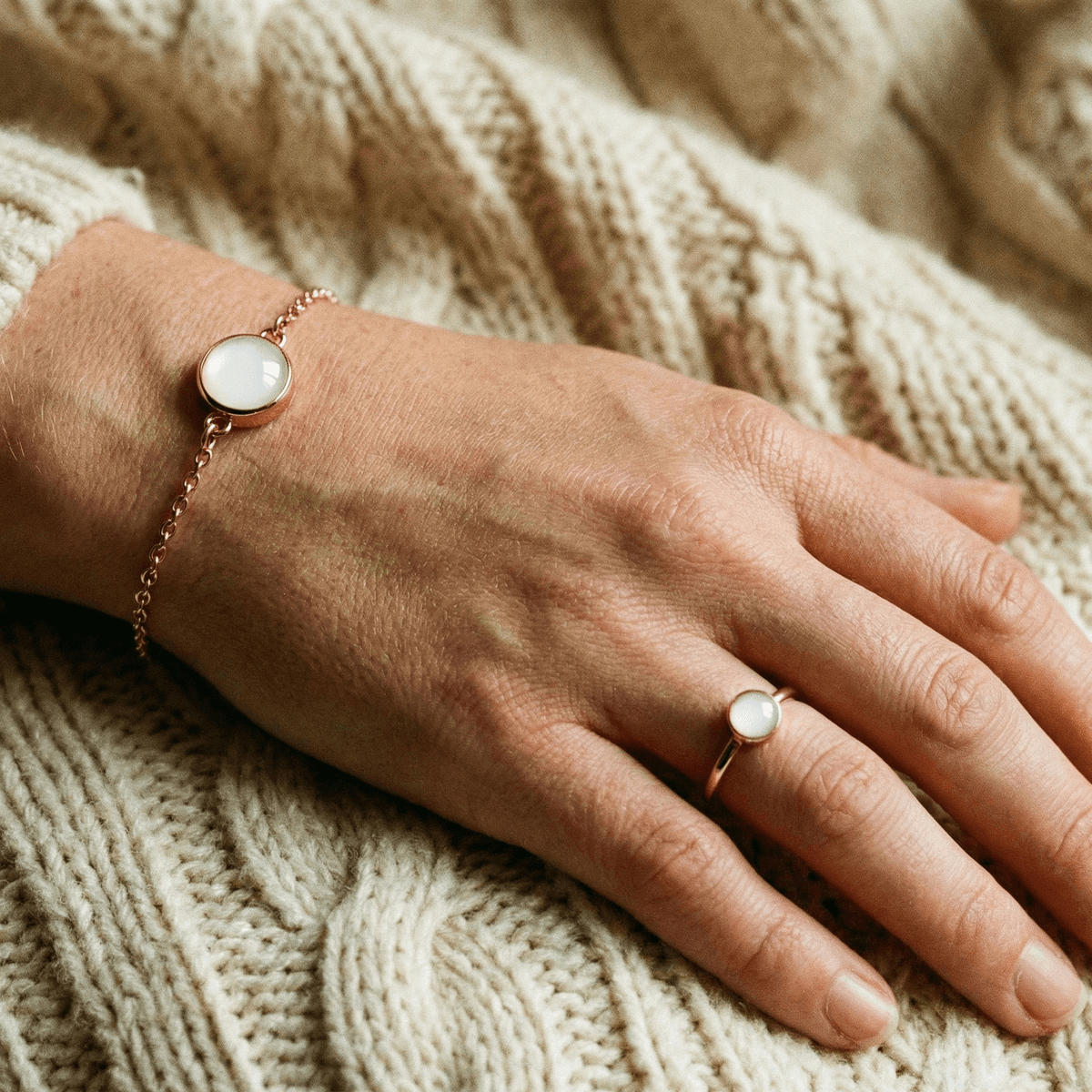 Delicate gold bracelet and matching ring with milky white resin stones on a woman’s hand resting on a cozy knitted blanket, an elegant weaning gift jewelry set