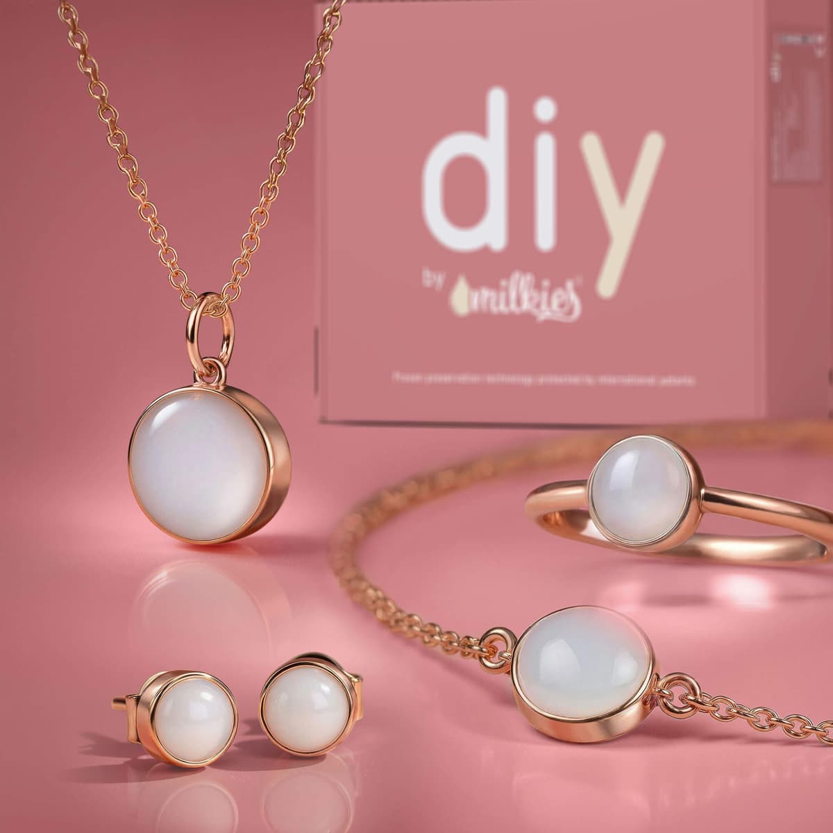 DIY Breast milk Box – Set: 12mm Necklace "Circle of Life" + Bracelet + Ring + Earrings