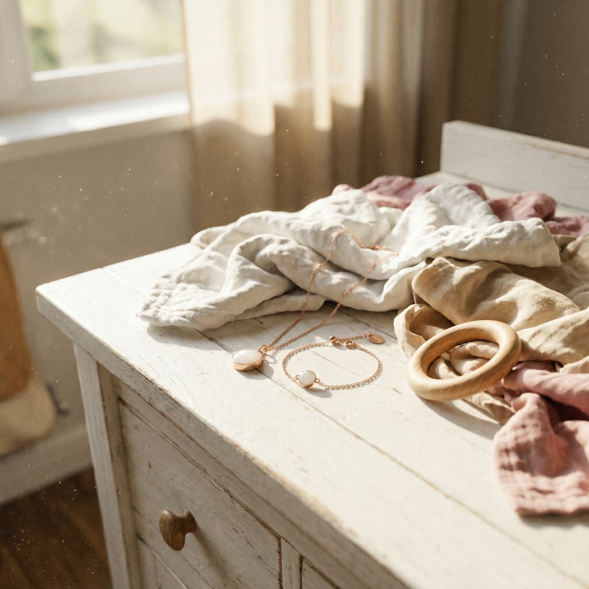Soft morning light on a white bedside table with breastmilk keepsake jewelry necklace and bracelet beside baby blankets and a wooden teething ring, a meaningful breastfeeding new mother gift.