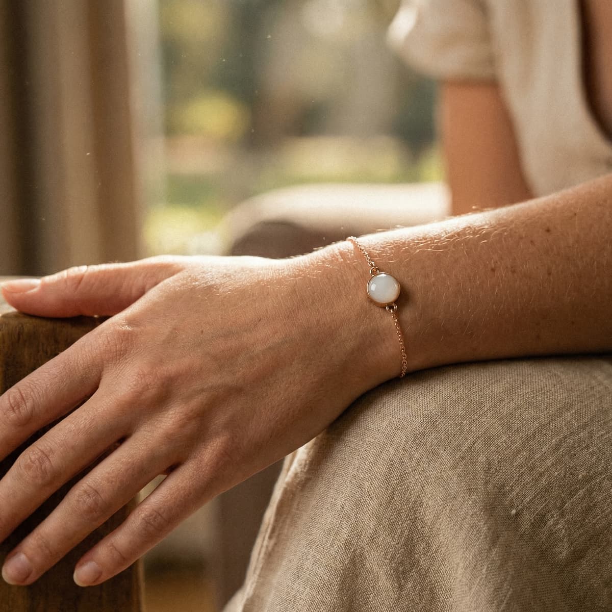 Close-up of a woman’s wrist wearing a delicate gold chain bracelet with a milky white resin stone, created using a breastmilk bracelet diy making kit.