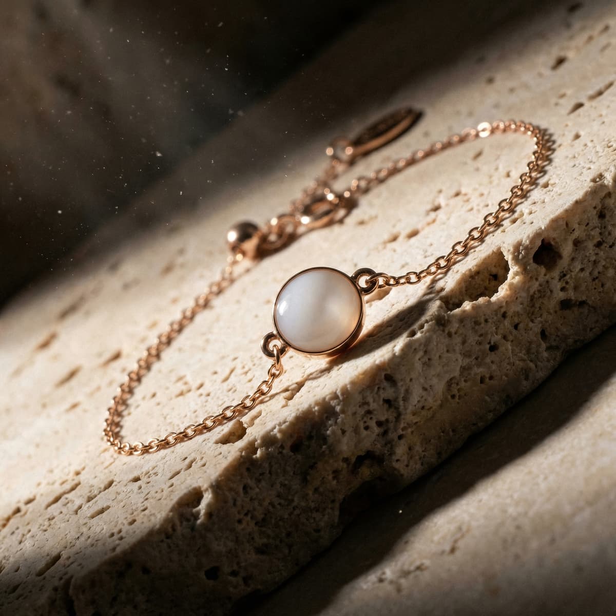 Rose gold bracelet with a round milky-white resin charm displayed on a stone surface, showcasing a keepsake made with a breastmilk bracelet diy making kit.