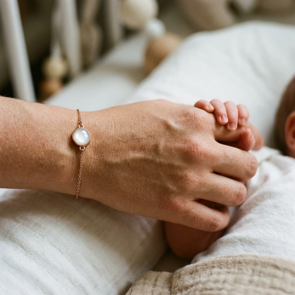 Mother wearing a delicate gold chain bracelet with a milky white resin stone breastmilk keepsake made using a breastmilk bracelet diy making kit while holding a newborn’s hand on soft bedding