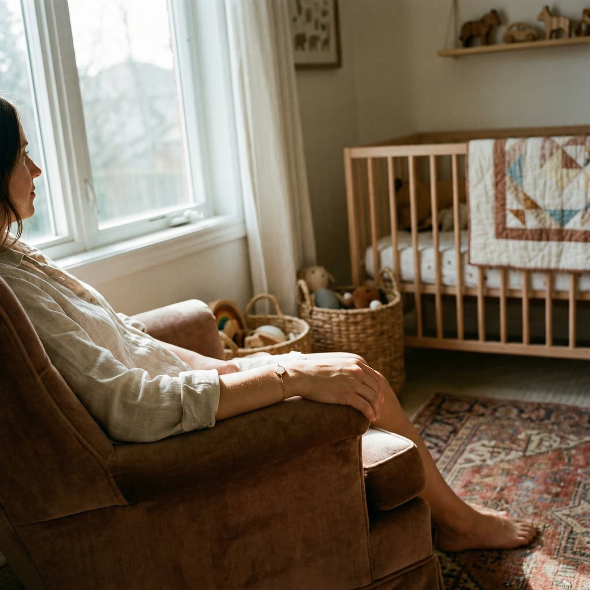 Sunlit nursery scene with a new mom relaxing in an armchair wearing a delicate bracelet, styled as a lifestyle photo for a breastmilk bracelets diy making kit, with crib, quilt, and baby toys in the background.