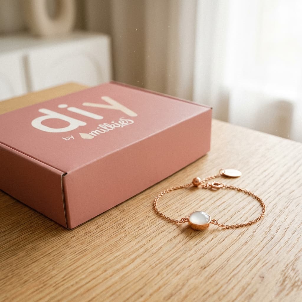 Rose-gold bracelet with a milky resin stone beside a pink DIY by MILKIES box on a wooden table, showcasing a breastmilk bracelets making kit in soft natural light.