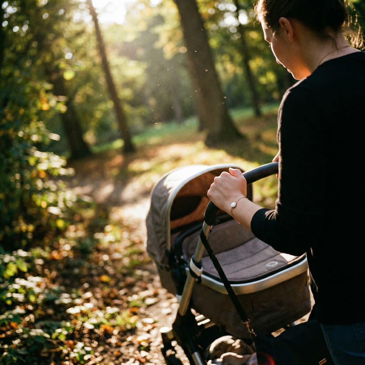 Mother pushing a baby stroller along a sunlit forest path while wearing a delicate keepsake bracelet made with a breastmilk bracelets making kit.