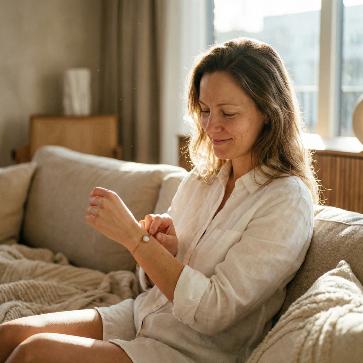A mother relaxes on a sunlit sofa admiring a keepsake bracelet, highlighting why a breastmilk bracelets making kit is a meaningful DIY way to create a personal memento at home.