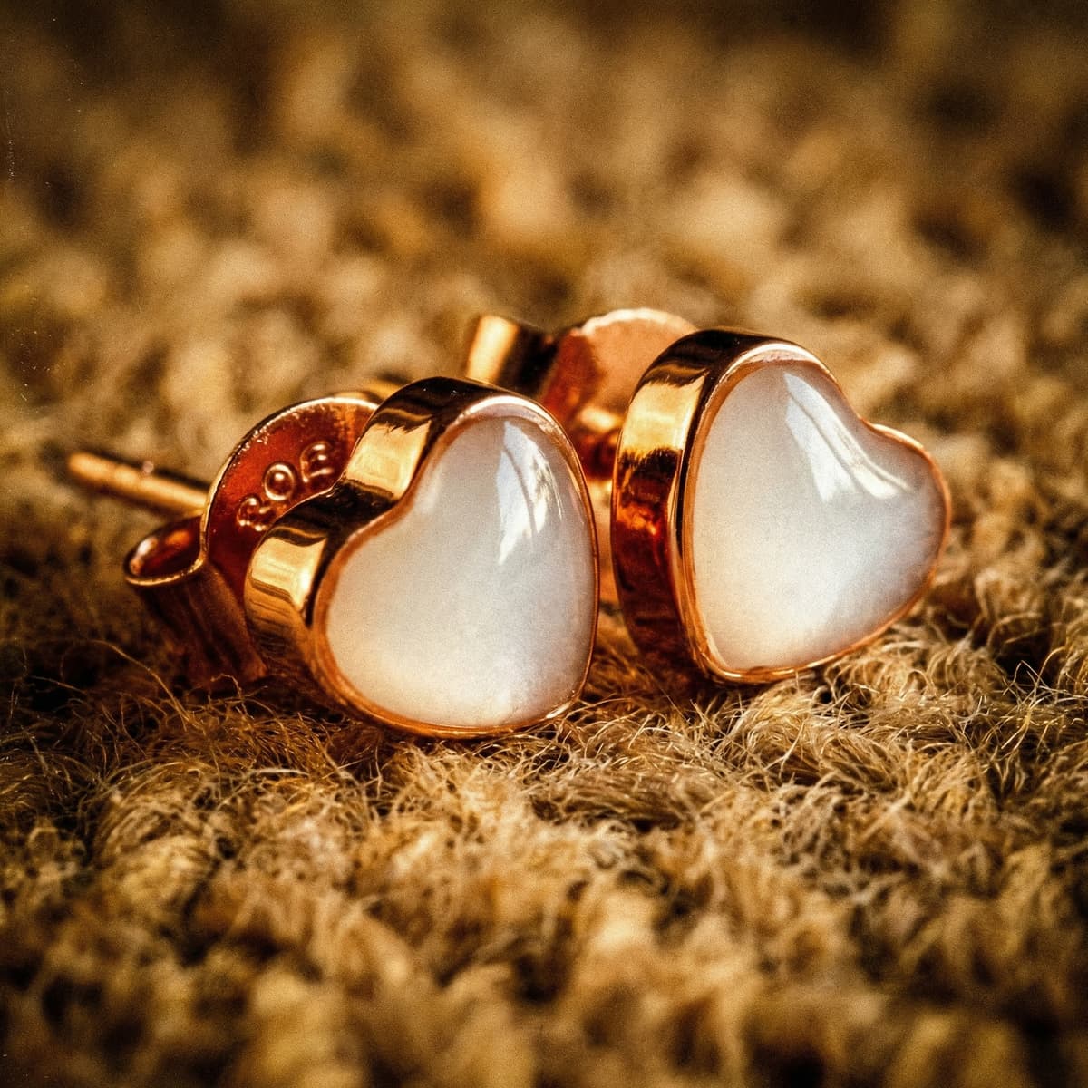 Heart-shaped breastmilk earrings in gold-toned settings with milky white resin, finished keepsake created using a breastmilk earring diy making kit