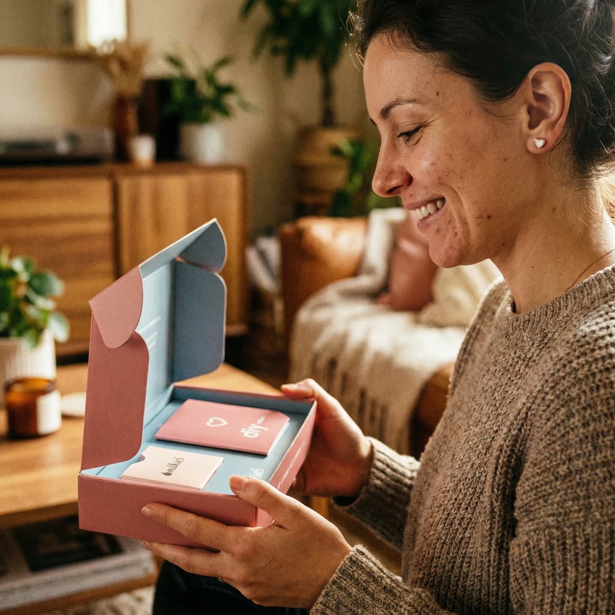 Smiling mom at home opening a DIY by MILKIES keepsake box with a breastmilk earrings diy making kit neatly packed with tools and instructions, showing why an easy, private at-home option is a great choice for creating a meaningful breastmilk jewelry keepsake.