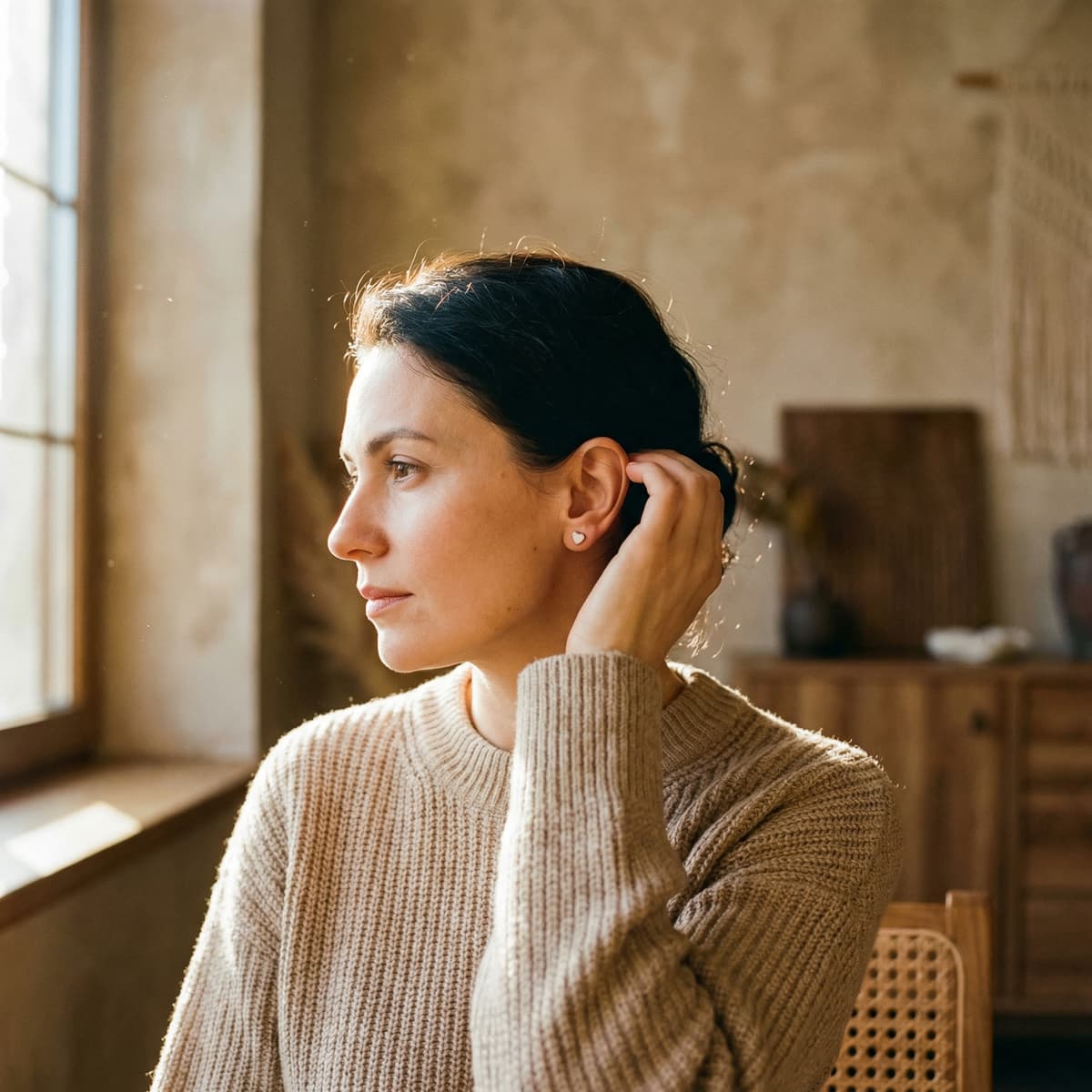 Woman in a beige sweater wearing small heart-shaped stud earrings in warm window light, showcasing a finished keepsake made with a breastmilk earrings making kit.