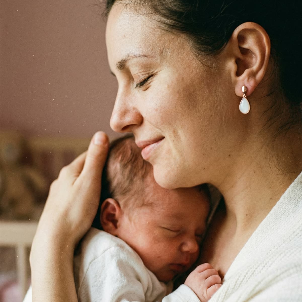 Close-up of a mother cuddling her newborn while wearing elegant drop keepsake earrings, showing why a breastmilk earrings making kit is a meaningful DIY choice for creating a private at-home breastfeeding memento.