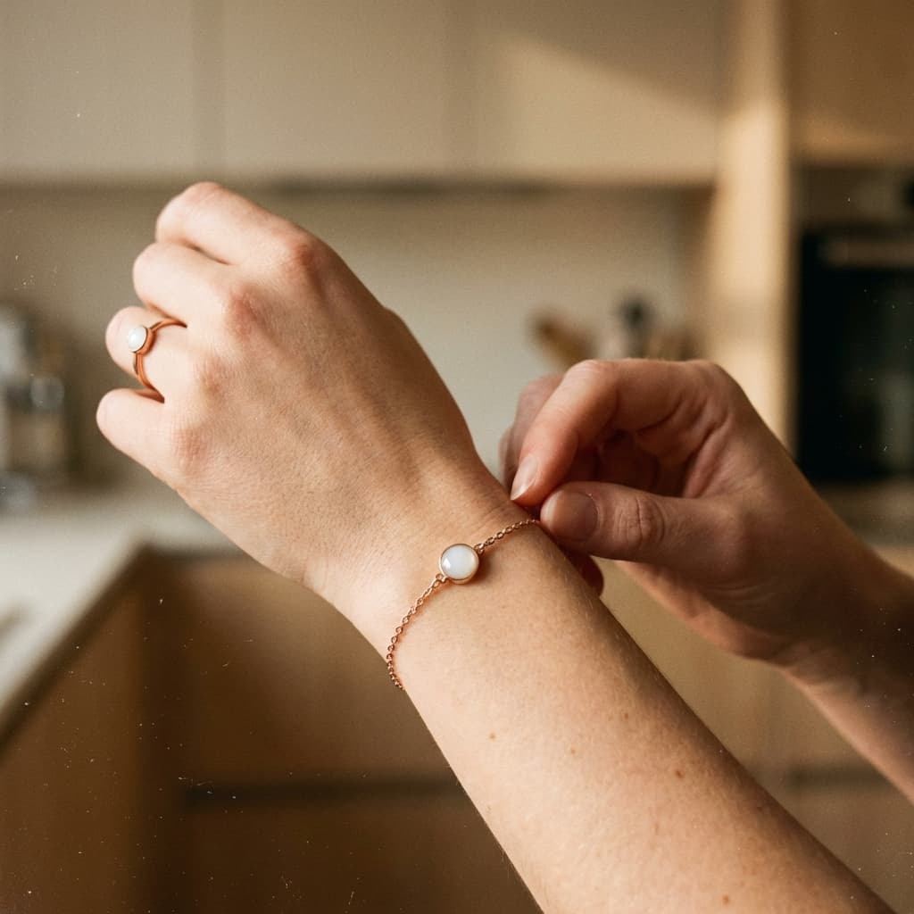 Hands fastening a rose-gold bracelet with a milky white resin stone made using a breastmilk jewellery diy kit, shown in a warm home setting.