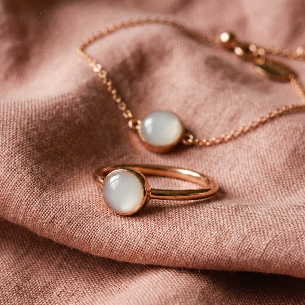 Rose gold ring and matching necklace with milky white resin stones made using a breastmilk jewellery making kit, displayed on soft pink fabric.