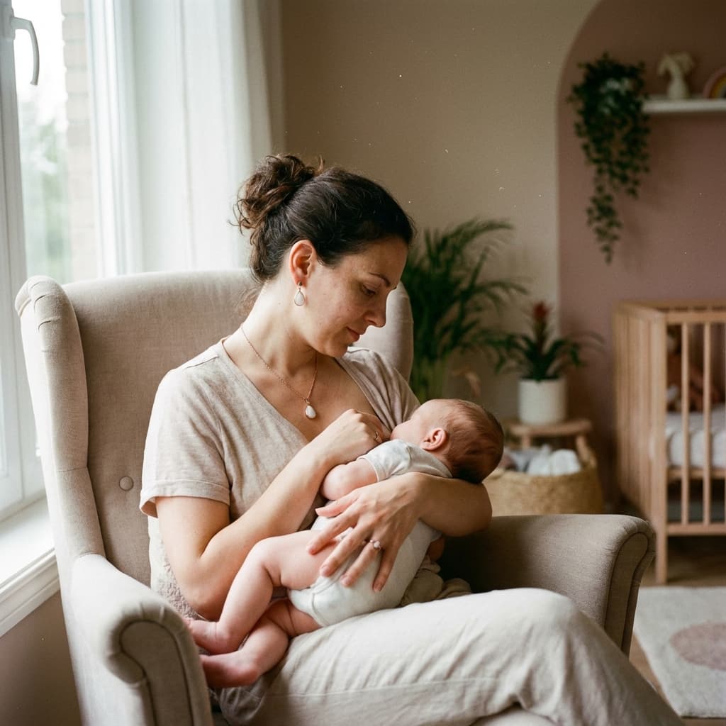 Mother breastfeeding her newborn in a cozy nursery, showing why an at-home breastmilk jewellery making kit is a meaningful way to preserve this special moment as a keepsake.