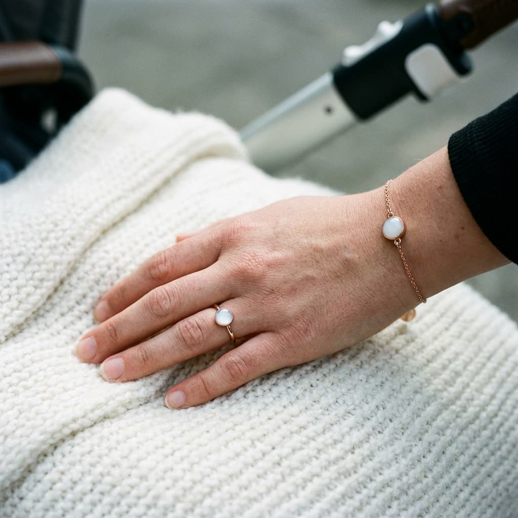Hand resting on a cozy knit blanket, wearing a delicate ring and bracelet made with a breastmilk jewelry diy kit, featuring milky white resin stones in gold settings.
