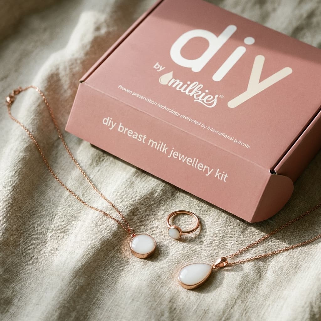 At-home breastmilk jewelry diy kit box by DIY by MILKIES on linen fabric with rose-gold necklace, teardrop pendant, and ring keepsake pieces laid out beside it