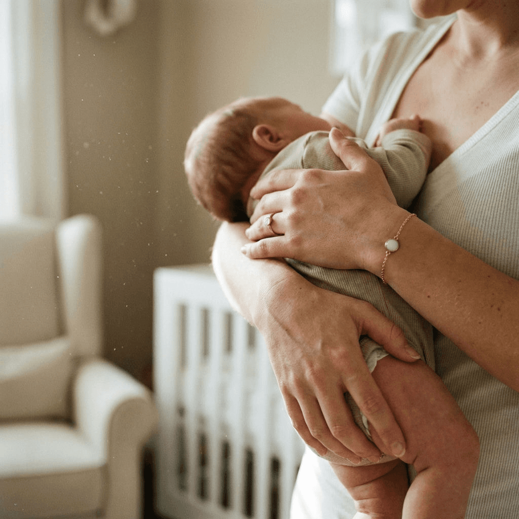 Mother holding a newborn in a cozy nursery, wearing a minimalist milk-stone bracelet, highlighting why a breastmilk jewelry diy kit is a meaningful and private way to preserve the breastfeeding journey at home.