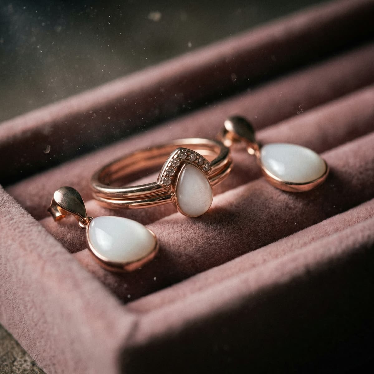 Rose gold ring and matching teardrop earrings with milky white stones displayed in a velvet jewelry box, showcasing finished keepsakes made with a breastmilk jewelry diy making kit.