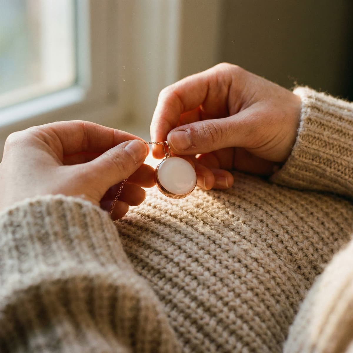 Hands hold a rose-gold pendant with a milky-white resin center, showcasing a breastmilk jewelry diy making kit keepsake necklace in warm natural light.