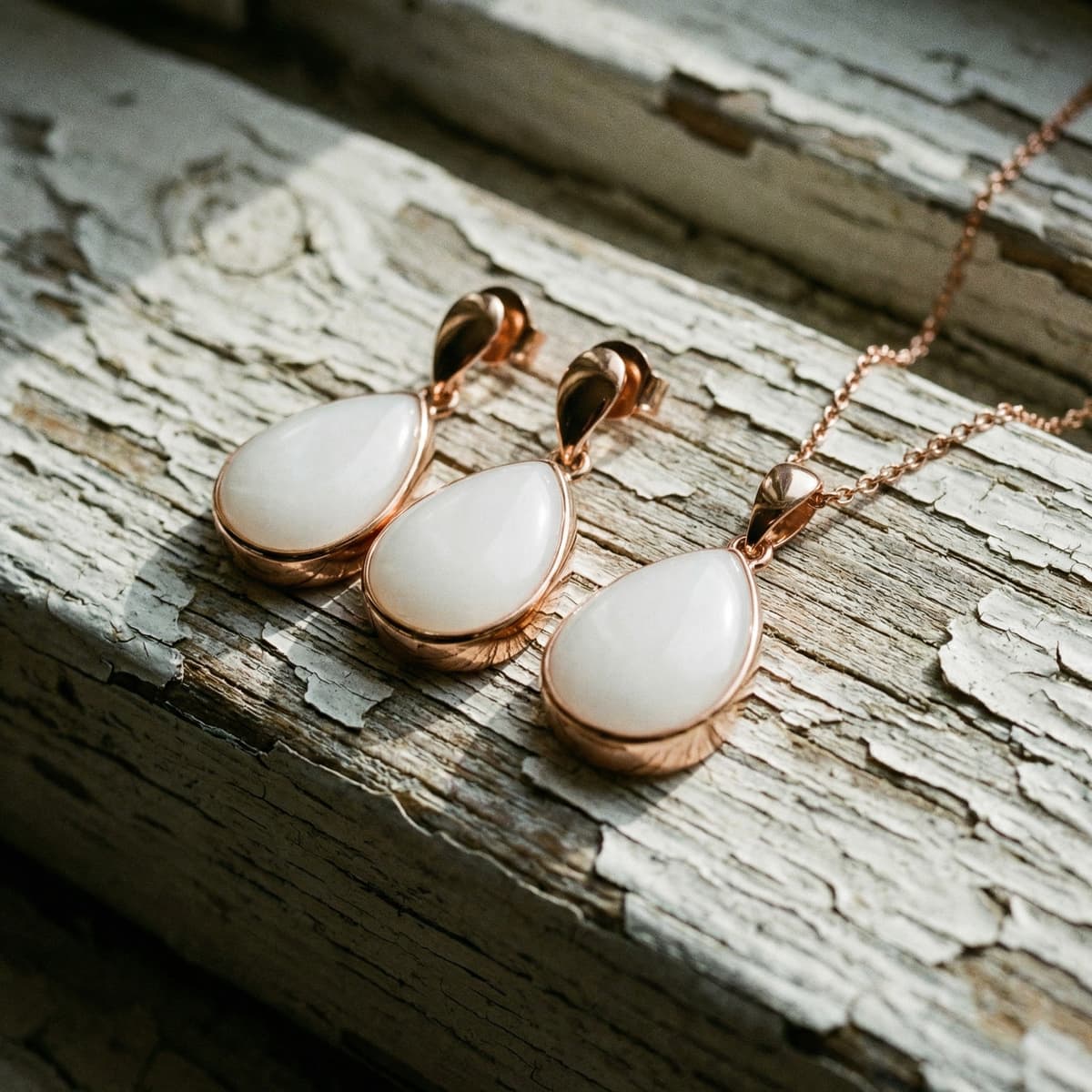 Rose gold teardrop necklace and matching earrings made with preserved breastmilk resin, showcasing results from a breastmilk jewelry making kit on a rustic wooden surface.