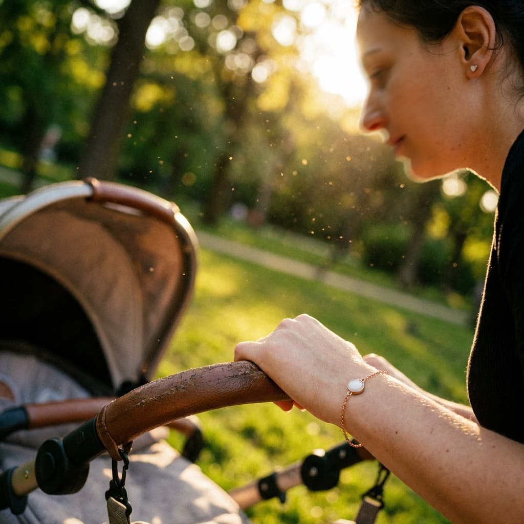 Mother pushing a stroller in a sunny park while wearing a delicate breastmilk jewelry keepsake bracelet inspired by a breastmilk jewelry making kit for DIY moms.