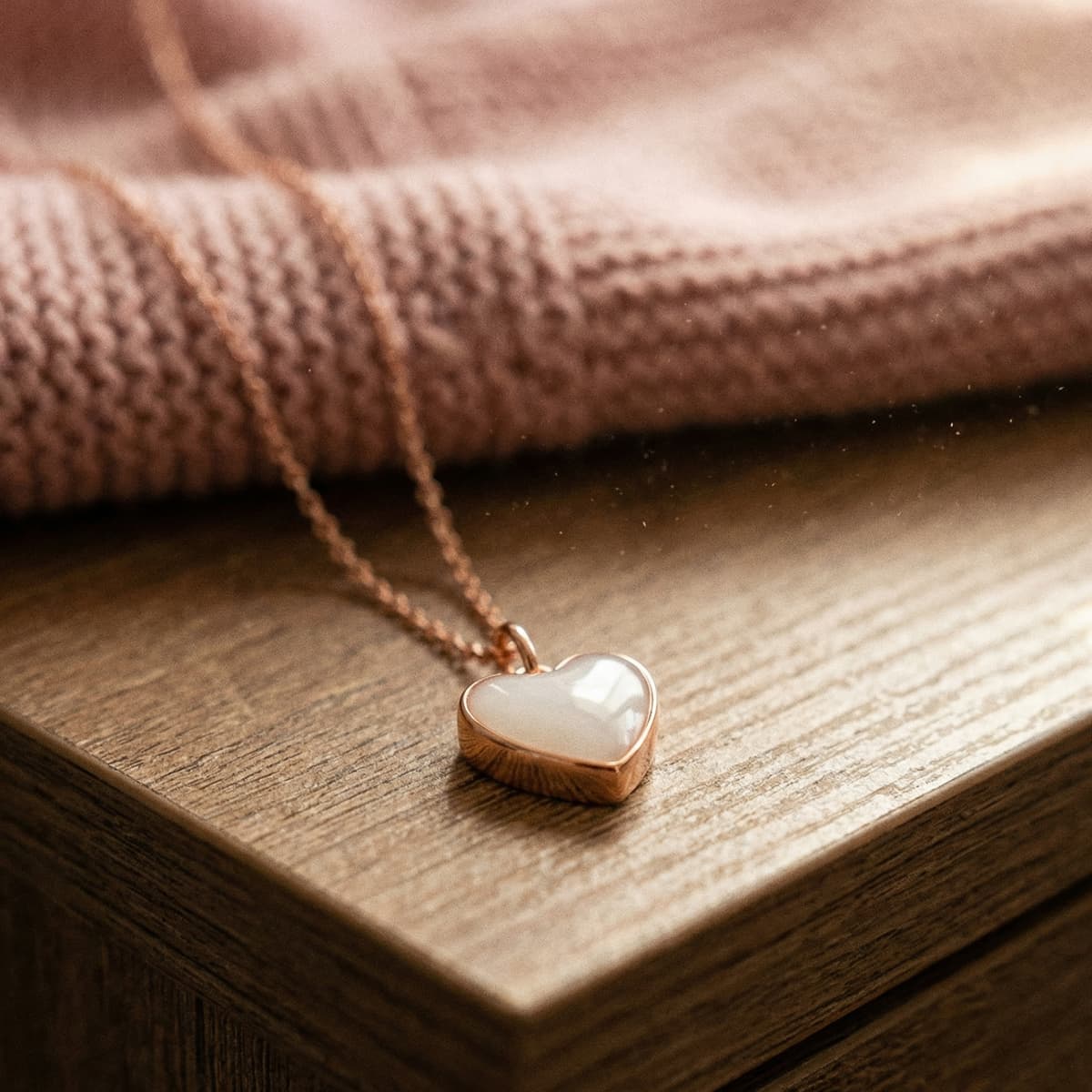 Rose gold heart-shaped breastmilk keepsake pendant displayed on a wooden surface, showcasing the finished jewelry made with a breastmilk necklace making kit.