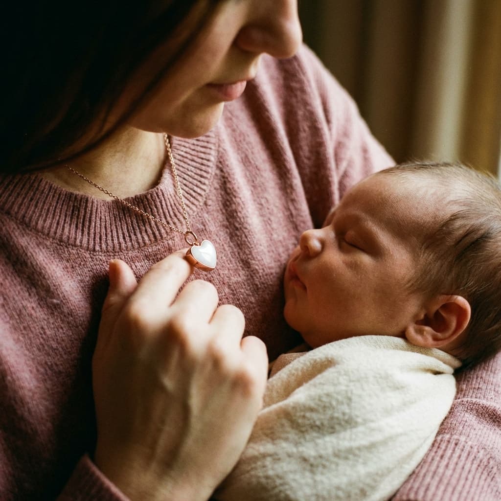 Mother cuddling a sleeping newborn while holding a heart-shaped keepsake pendant, illustrating why a breastmilk necklace making kit is a meaningful DIY way to preserve motherhood memories at home.