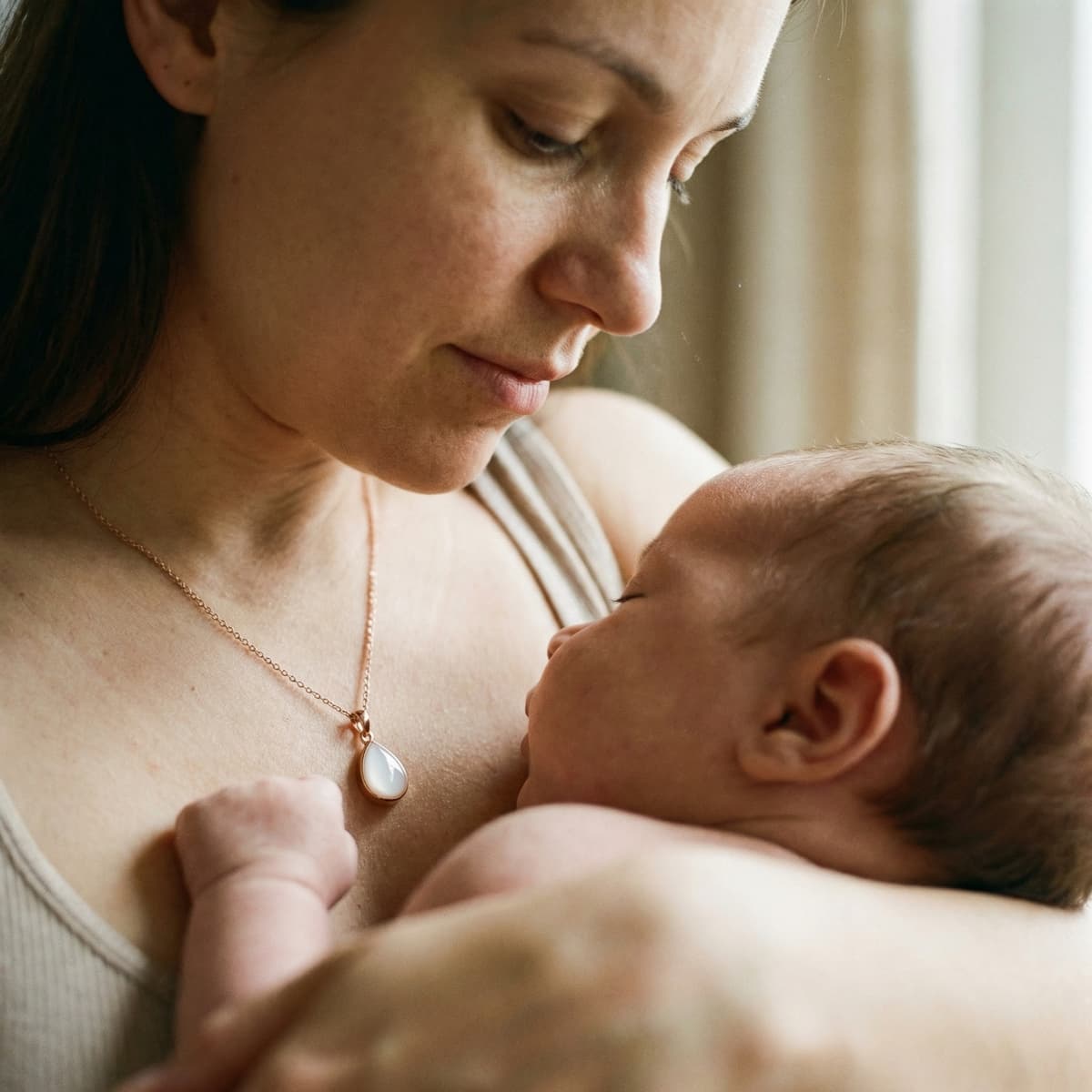 A mother cradles her sleeping newborn while wearing a teardrop milk-colored pendant, showing how a breastmilk necklaces making kit helps moms create a meaningful DIY keepsake at home with privacy and convenience.