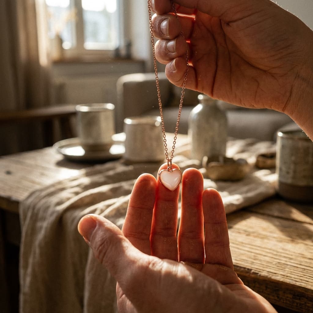 Hands hold a heart-shaped keepsake pendant on a rose-gold chain, showing the result of a breastmilk necklaces making kit in warm natural light on a rustic table.
