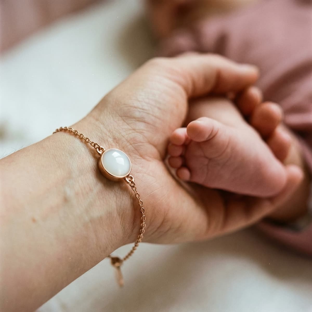 Mother holding baby’s foot while wearing a rose-gold bracelet with a milky white resin charm, showcasing a keepsake made with a diy breastmilk bracelet making kit