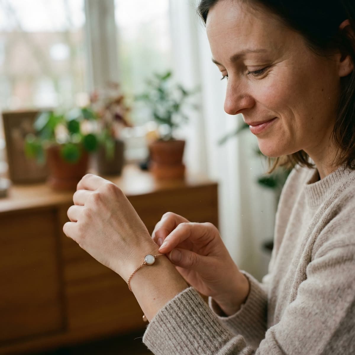 Mother fastening a delicate gold keepsake bracelet with a milky-white stone, showing why a diy breastmilk bracelet making kit is a good choice for creating meaningful breastmilk jewelry at home with confidence.