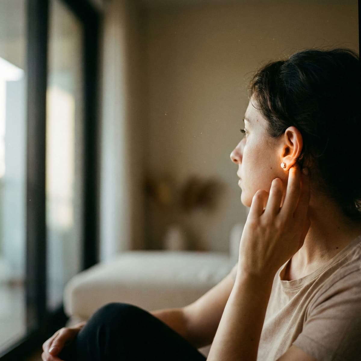 Mother sitting by a window touches a small stud earring, highlighting a diy breastmilk earring making kit for creating a personal keepsake at home.