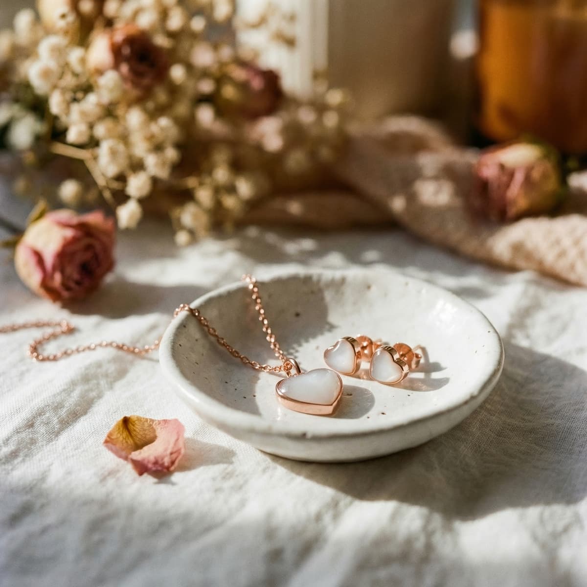 Rose gold heart necklace and matching heart stud earrings on a ceramic dish with dried flowers, showcasing a DIY by MILKIES diy breastmilk jewellery kit keepsake set in soft natural light.