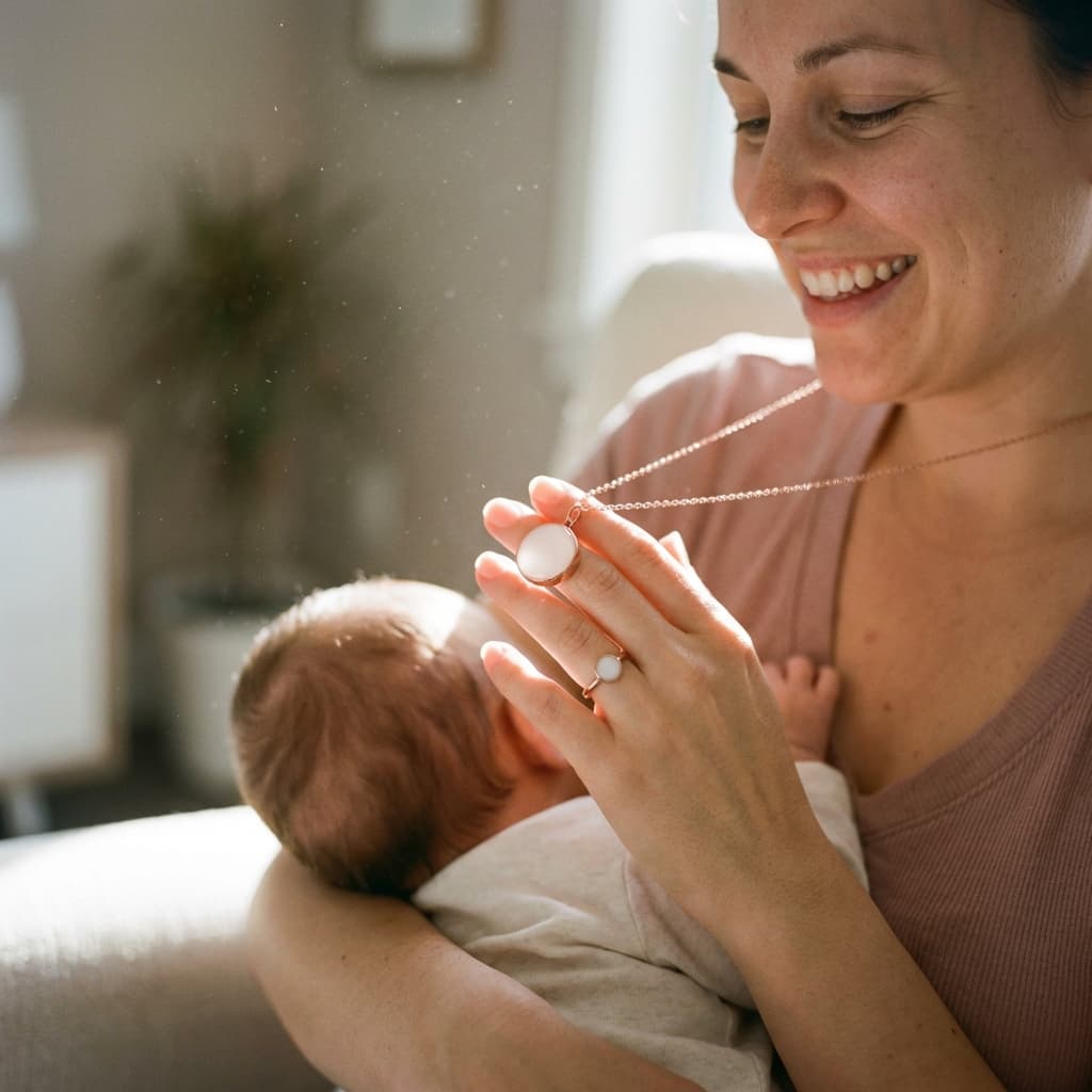 Mother smiling while holding her baby and showing a white pendant necklace and matching ring made using a diy breastmilk jewellery kit at home