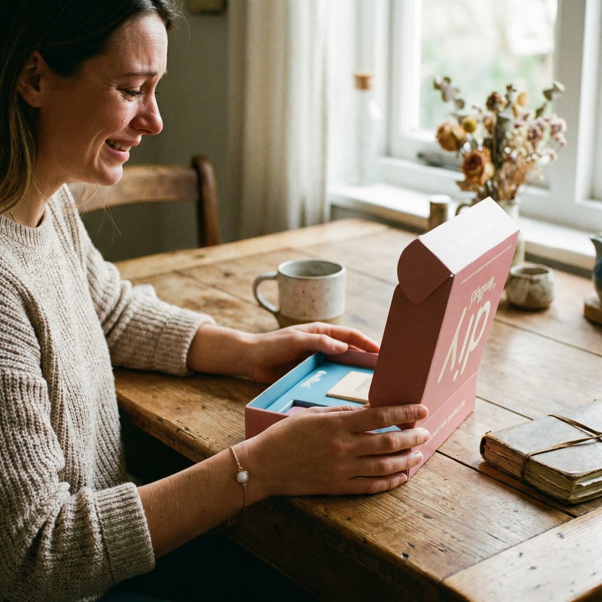 Mother opens a DIY by MILKIES box at a wooden table by a window, showing why a diy breastmilk jewelry making kit is a meaningful, private at-home way to create a keepsake.