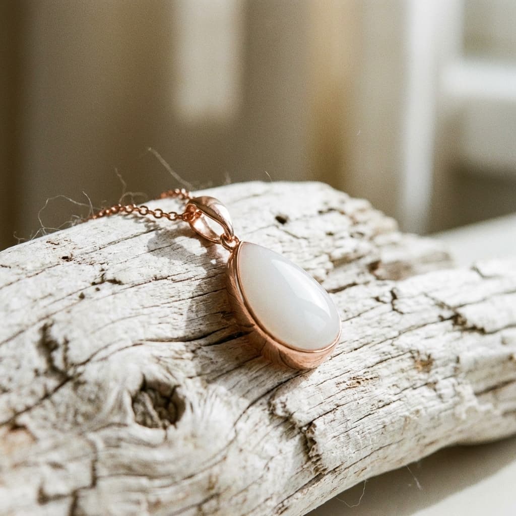 Rose gold teardrop pendant necklace with a milky white resin stone keepsake made using a diy breastmilk jewelry making kit, photographed on rustic driftwood in soft natural light