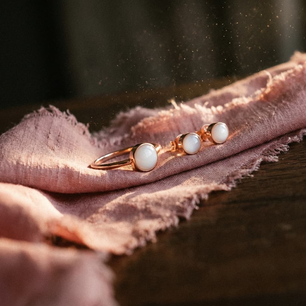Gold-plated ring and stud earrings with milky white resin stones, showing the finished result from a diy breastmilk jewelry making kit on soft pink linen in warm natural light.