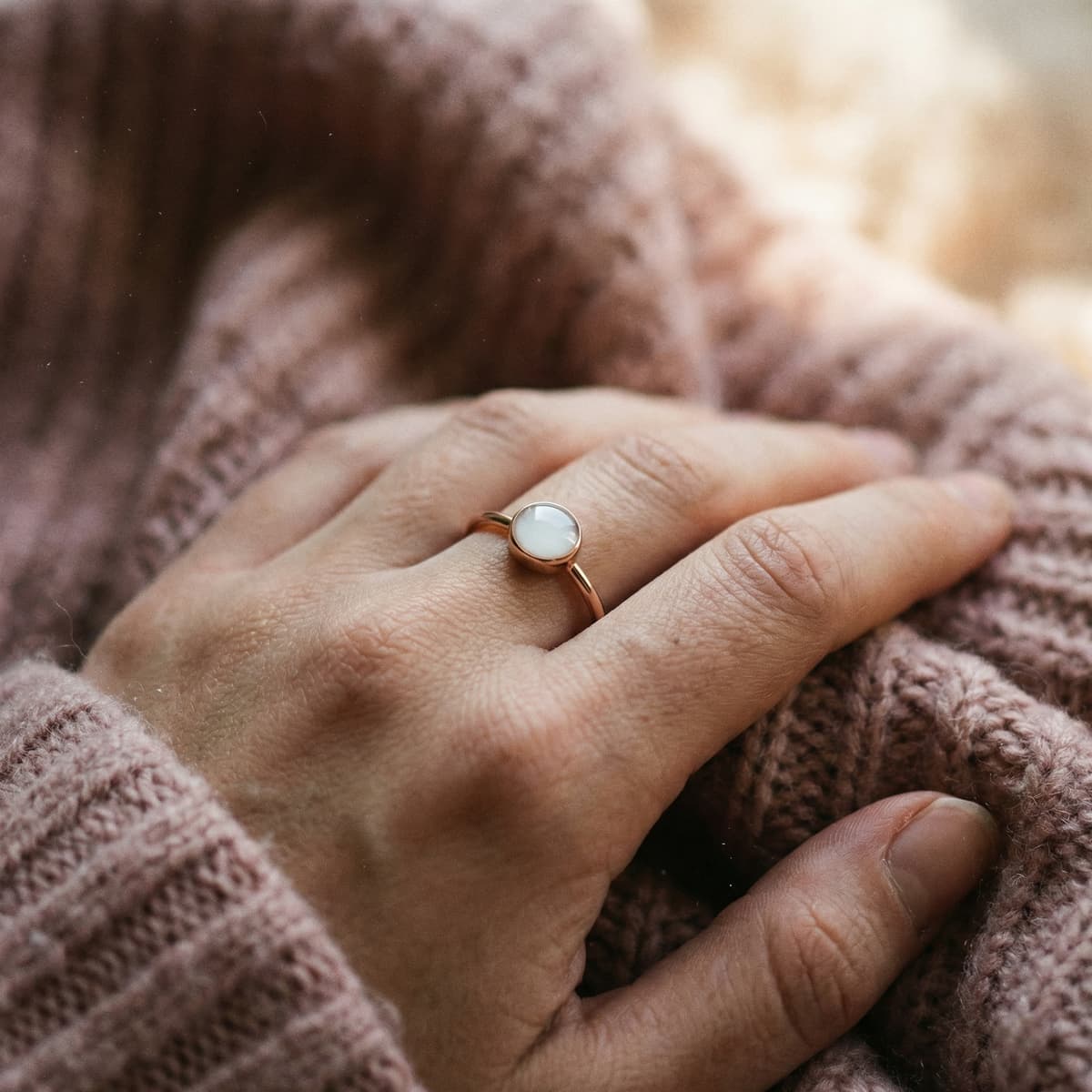 Minimalist rose-gold keepsake ring with an opaque white stone on a hand against a knitted sweater, showcasing a finished piece made with a diy breastmilk ring making kit.