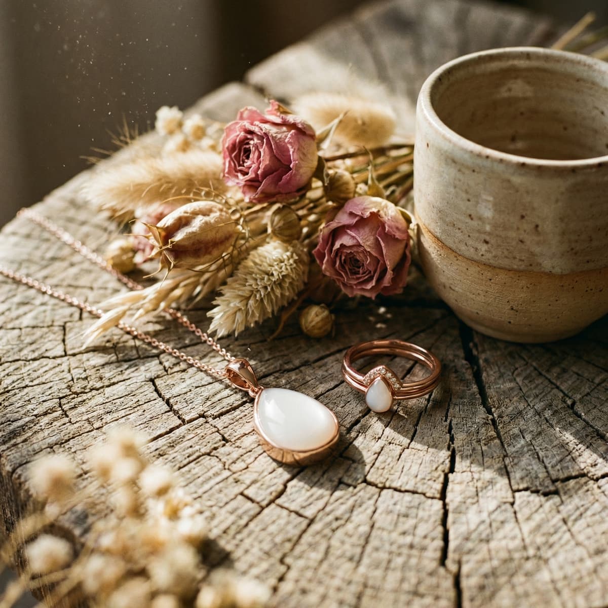 Rose-gold breastmilk keepsake necklace and matching ring with milky teardrop stones displayed on rustic wood with dried roses and a ceramic mug, a thoughtful gift for new mother’s day gift.